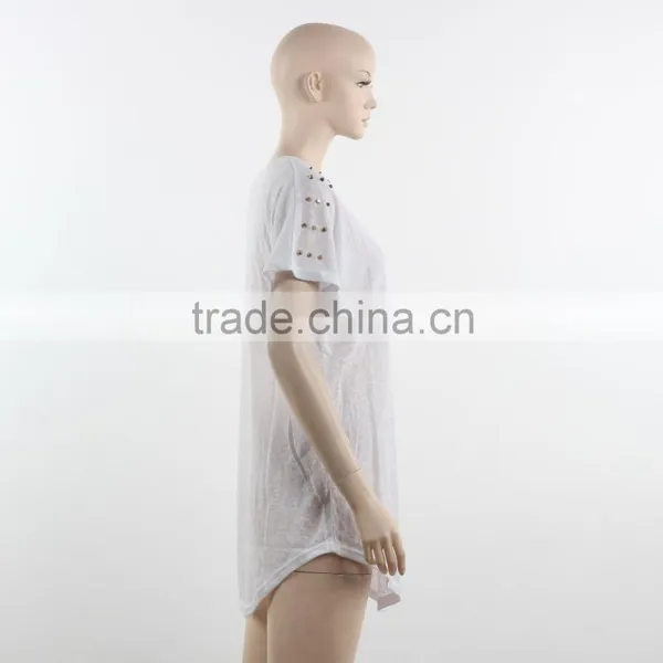 F5W13021 New Fashion Beads Embroidered Women White Long Sleeve T Shirts photo-3