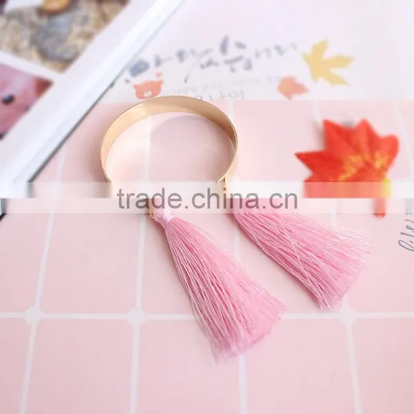Gold Cuff Bangle With Pink Tassel Simple Tassel Cuff Bangle for Woman photo-2