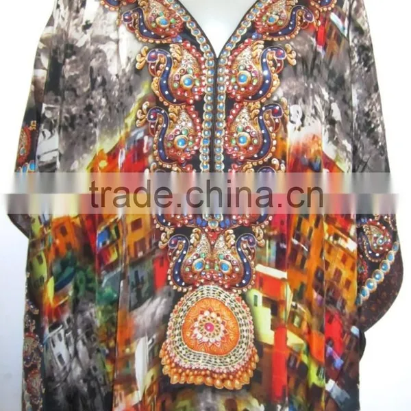 DIGITAL Print Crepe Silk Embellished Kaftan CAFTAN Tunic Poncho Blouse photo-3