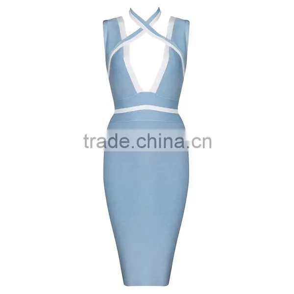 Summer Dress 2015 New Fashion Strap Halter V Neck Blue Women Fashion Sey Cute Bodycon Elegant Midi Evening Party Bandage Dresses