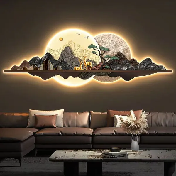 Light Luxury Style High-level Landscape Sofa Background Wall Hanging Painting Elk Luminous Mural15 photo-3