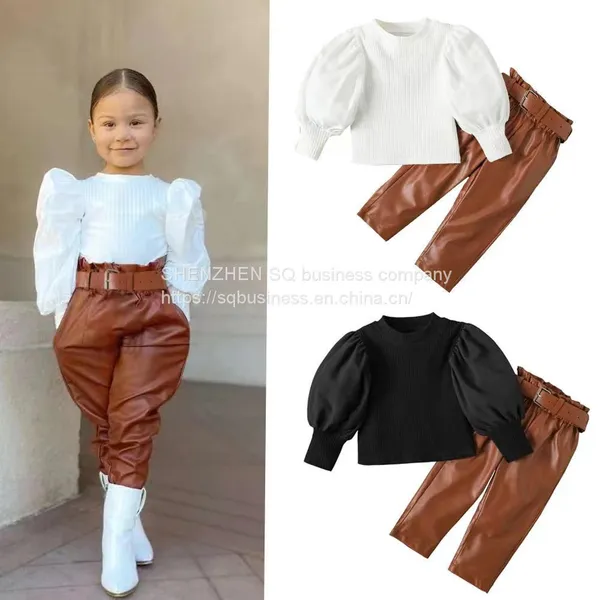 Autumn Winter Baby Girls Sets Girls Puff Sleeve Shirt Pu Pants 2pcs Outfit Matching Clothes Children Kids Clothing Set