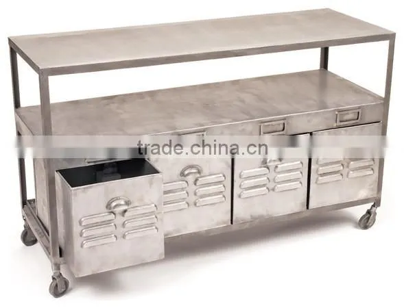 Vintage Industrial Console Table, Antique Look metal console table on wheel cart