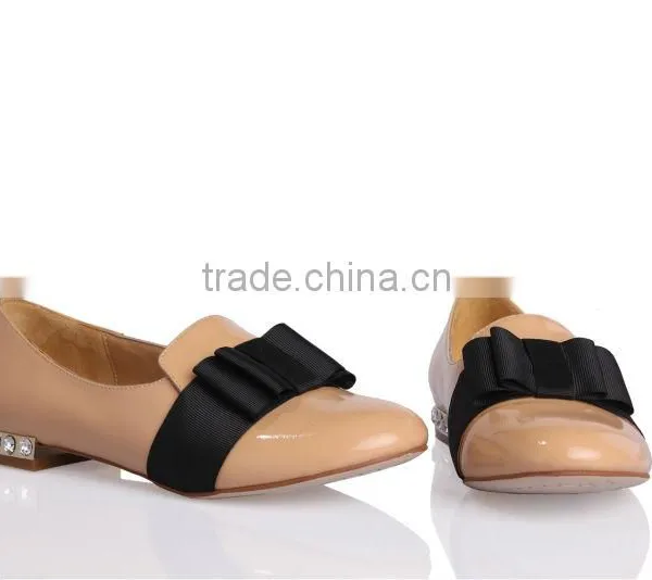 Genuine Leather Apricot Women Flat Bowknot Shoes Heels With Diamond photo-2