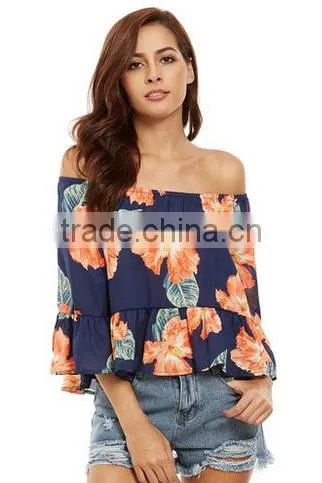 Women's Casual Floral Off Shoulder Chiffon Blouse Top photo-4