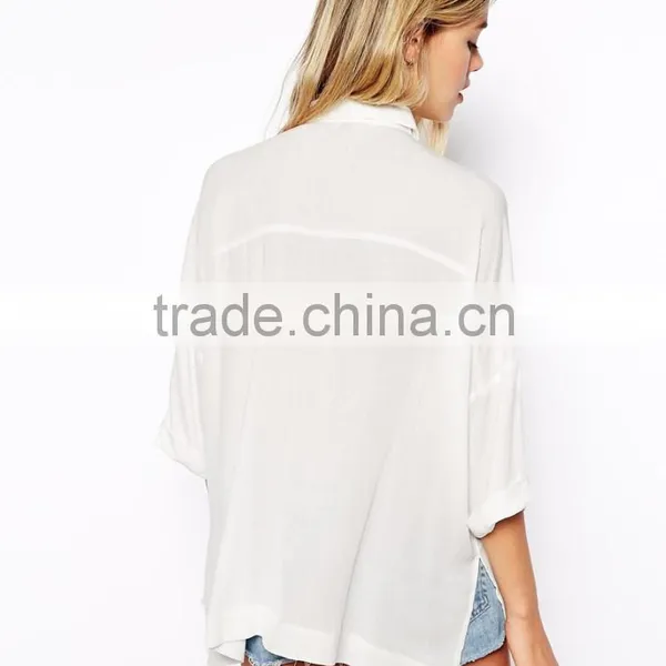 2015 New Fashionable Factory Point Collar Crinkle Oversize Blouse With Semi-sheer Woven Fabric photo-2