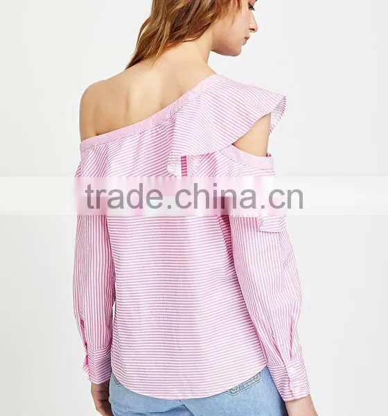 2017 New Blouse Neck Designs Pink Stripe Women Shirt LC8294 photo-4