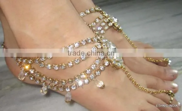GOLD Tone Crystal PAYAL Anklets Pair With Toe Ring Barefoot Sandal photo-4