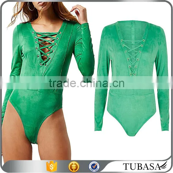 Sexy Lace-Up Women Plunge Suede Long Sleeves Tie Front Bodysuit Leotard Blouse Top