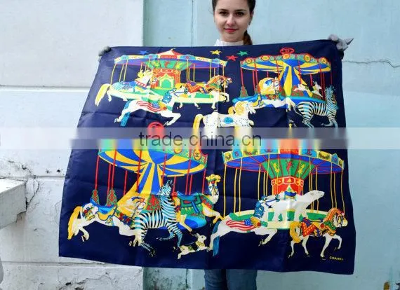 Vintage Silk Scarf, , 70s Silk Scarf, Children's Carousel, Horses , Designer Scarf, , Large French Scarf photo-2