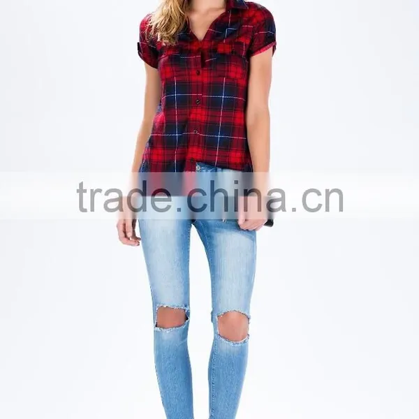 Adorable Dolled up Short Sleeve Plaid Shirts Latest Shirt Designs for Women photo-6