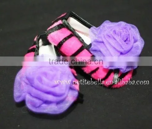Hot Pink Zebra Print Shoes With Dark Purple Rosettes Pettishoes Crib Shoes MAS28