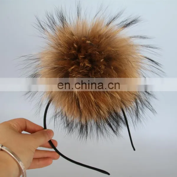 Natural Color Jumbo Raccoon Fur Pompom Accessory Hairband Hair Hoop photo-4