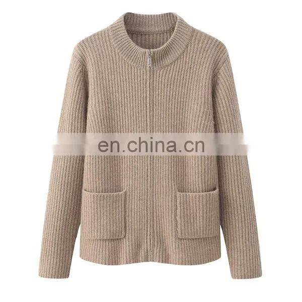 Custom Women's Solid Color Winter Cardigan Knitted Stand Collar Casual Zipper Sweater With Pockets Decoration Made From Cashmere photo-4