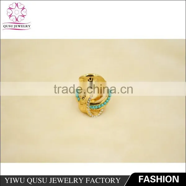 2015 Yiwu New Products Gold Plated Ring With Engrave Pattern and Green Plastic Beads photo-3