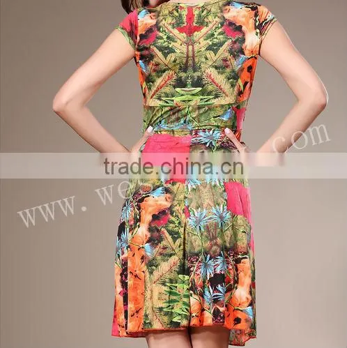 V Neck Flower Printed Fabric Patterns Lady Dress photo-5