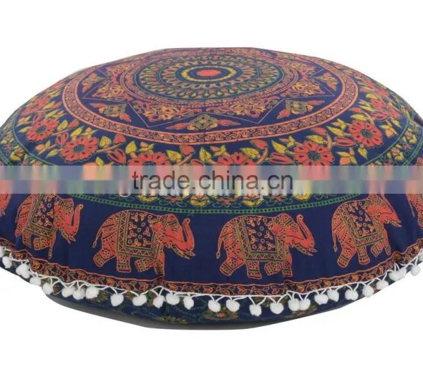 Elephant Print Round Floor Cushion Large Mandala Pillow Cover Decorative Throw Pillows Pom Pom Roundie Indian Cushion Cover