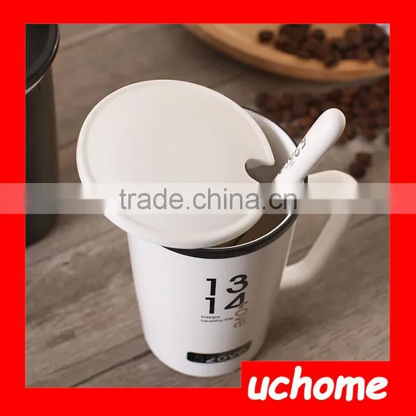 UCHOME Black And White Ceramic Couple Milk Mug Cups With Lid And Spoon photo-4