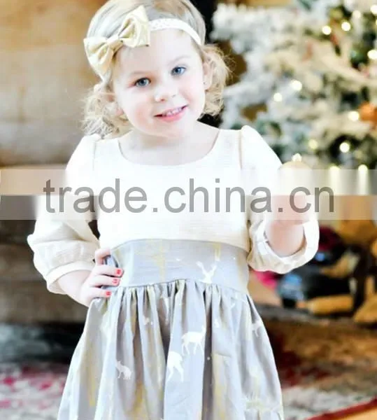 2017 Girls Christmas Reindeer Holiday Dress Stripe Woven Cotton Printed Dress photo-4