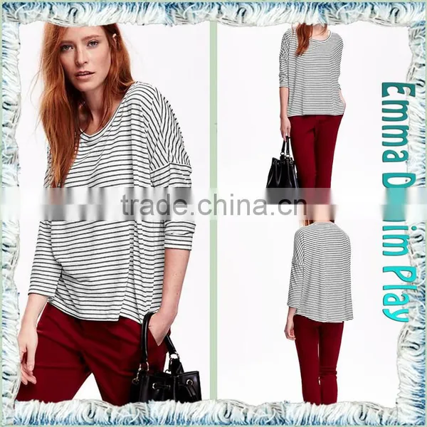 Latest Arrival Ladies Stylish Style 3/4 Sleeve Black White Stripe Knit Cotton O Neck Tee Shirts photo-5