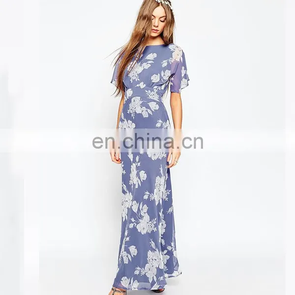 2016 Guangdong Dongguan High Fashion Lady Short Sleeve Printed Chiffon Ladies Long Dress photo-2