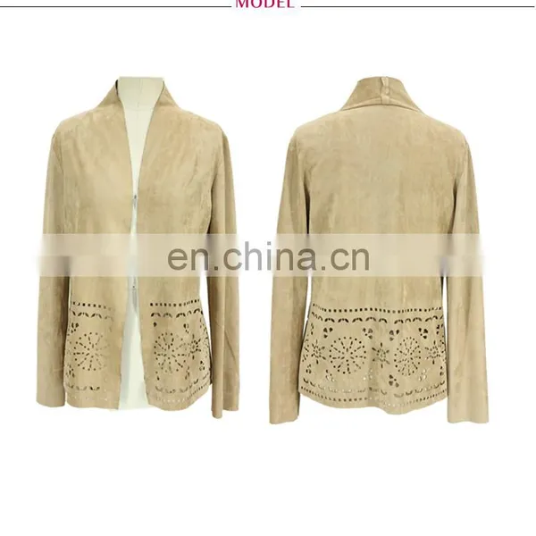 Laser Cut Suede Women Cardigan Office Wear photo-4