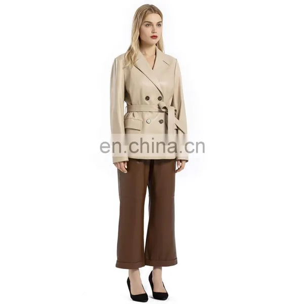Women Genuine Leather Short Jacket Blazar With Belt photo-4