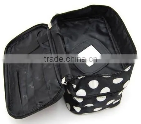 Cosmetic Bag Double Layer Dot Pattern Travel Toiletry Bag Organizer With Mirror,Polka Fabric Makeup Train Artist Case photo-3