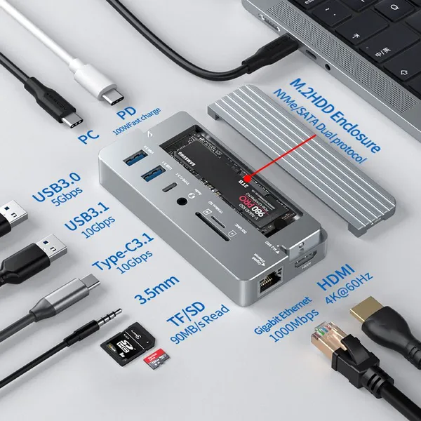USB-C HUB 10-in-1 Docking Station With M.2 NVME and SATA SSD Enclosure photo-4