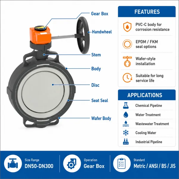 PVC-C Wafer Butterfly Valve Type 567 With Gear Box For Chemical And Industrial Pipeline photo-2