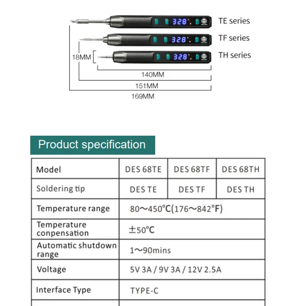DES 68TE/68TF/68TH TYPE-C USB Protable Nano CNC High Precision ESD Safe Soldering Iron LED Display, Fast Heating, Auto Sleep, Auto Shut off photo-2