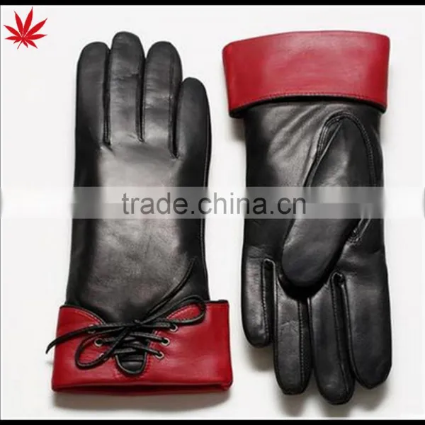 Ladies Gift All Palm Touch Screen Black and Red Sheepskin Leather Gloves