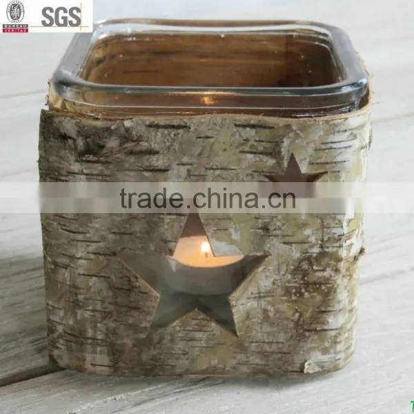 natural material wooden birch bark glass candle holder