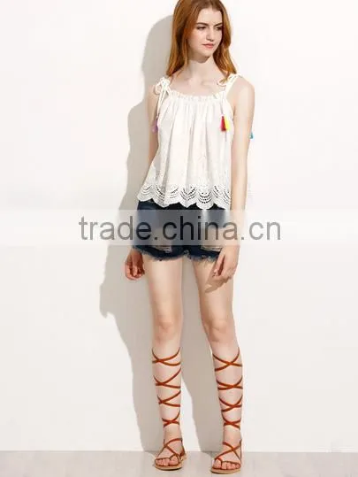 Tank-Tops&Camis Latest Fashion Design Women Clothing Beige Tassel Tie Shoulder Scallop Hem Cami Top photo-3