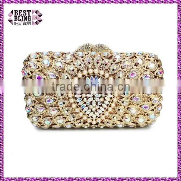 Gold Metal and AB Color Crystal Evening Clutch Bag Woman Handbag Ladies Party Bag (88162A-AB)