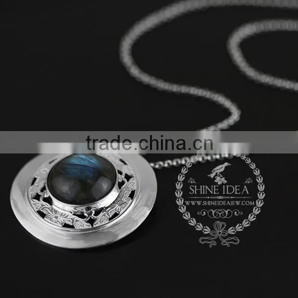 925 Sterling Silver Round Labradorite Carving Flower Tray Fashion Women Neceklace 6360482 photo-2