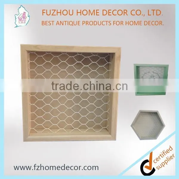 Wooden Hexagon Wall Shelf With Metal Mesh /chrome Wire Shadow Box photo-2