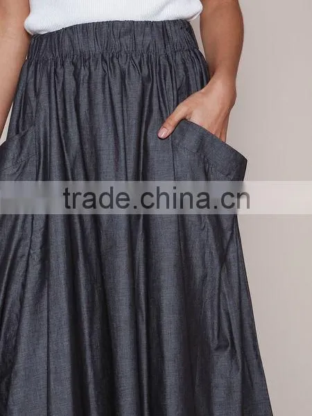 MGOO Elegant Hot Sale Black Midi Skirt With Pockets Fashion OEM African Skirts Chambray Flare Dress photo-3