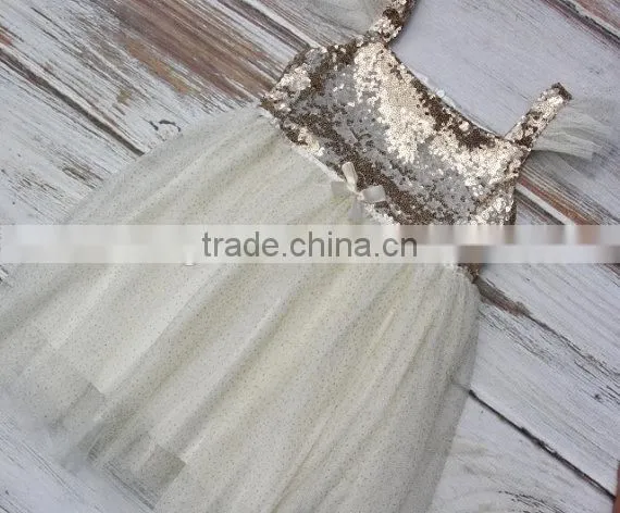 Ivory Gold Sequined Glitter Tulle Lace Fabric Baby Dress Pictures Girls Tutu Dress photo-5