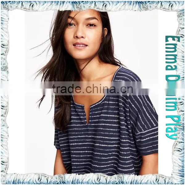 Hot Styles High Quality Ladies Blue White Stripe Knit Open O Neck T-Shirts Adult's Tops photo-2