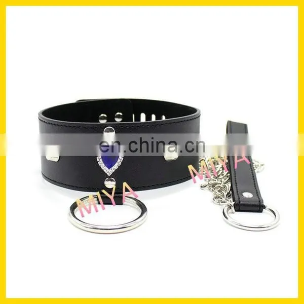 Blue Diamond Leather Bondage Sex Collar With Metal Leash and Padlock Fantasy Adult Toys