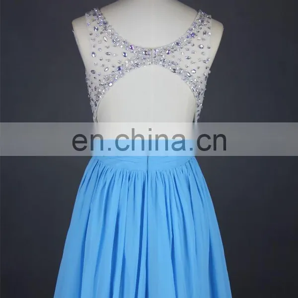 New Arrival Evening Gown Chiffon Beaded See Through Nude Back High Neck Key Hole Open Back Light Blue Formal Long Evening Dress photo-5