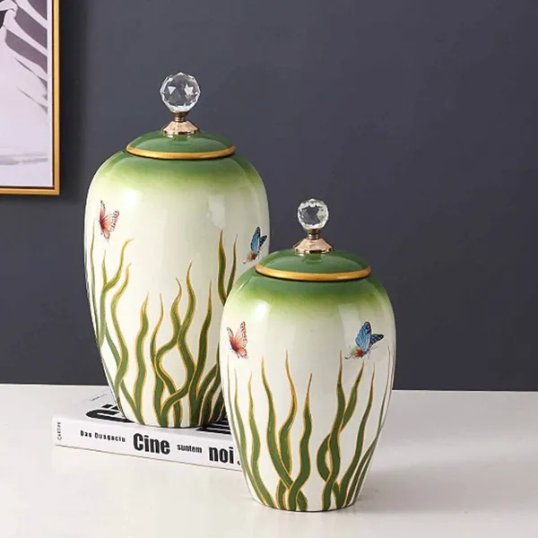 Modern Simple Style Zerba Flower Grass Painting Lidded Ceramic Vases For Home Table Decoration photo-3