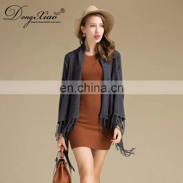 Latest Design Ladies Poncho With Tassel Solid Color Long Sleeves Cashmere Knitted Sweater for Autumn Short Length With Logo Back photo-5