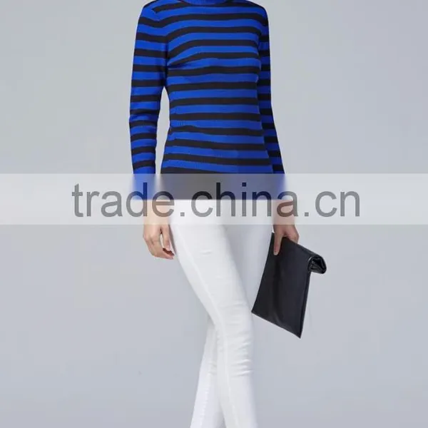 JS-11016 With Strips Classical Style High Neck Slim Knitted Sweater Designs for Ladies