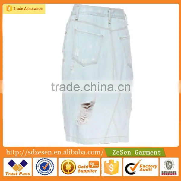 100% Cotton Wholesale Destroyed Zip Fly Straight Hem Summer Maxi Jeans Skirt For Lady photo-5