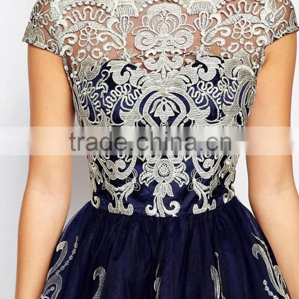 Chinese Clothing Manufacturers Metallic Lace Midi Prom Dress With Bardot Neck photo-4