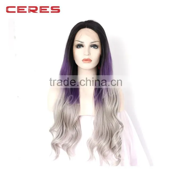 Women Synthetic Lace Front Wigs Cheap Heat Resistant Natural Wavy 3 Tones Dark Roots Purple Grey Hair Wig photo-3