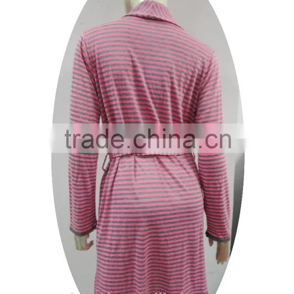 Color Stripe Buckle Fastener Night-robe With Lace Trimming photo-4