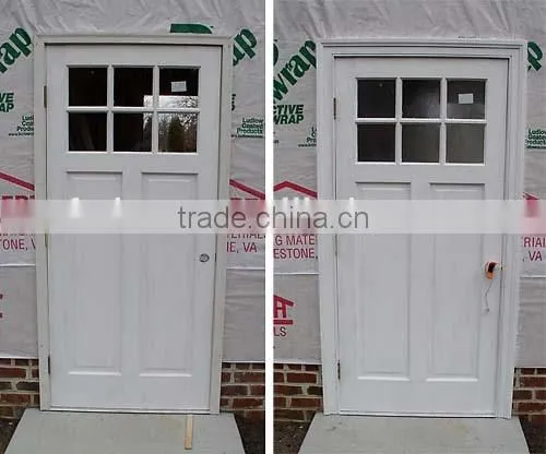 White Laminated Single Wooden Door With Wooden Strip and Vision Glass Panel